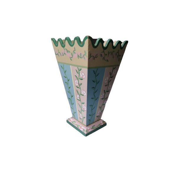VTG Handpainted Floral Wooden Flower Vase in green, blue, and pink with plastic - Picture 2 of 4